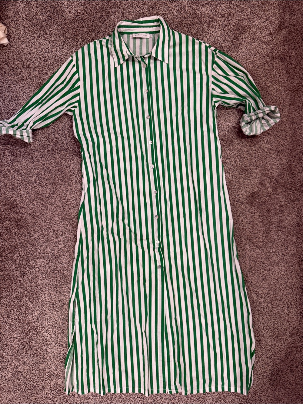 Petal & Pup Green and White Vertical Stripe Maxi Shirt Dress - Picture 1 of 6